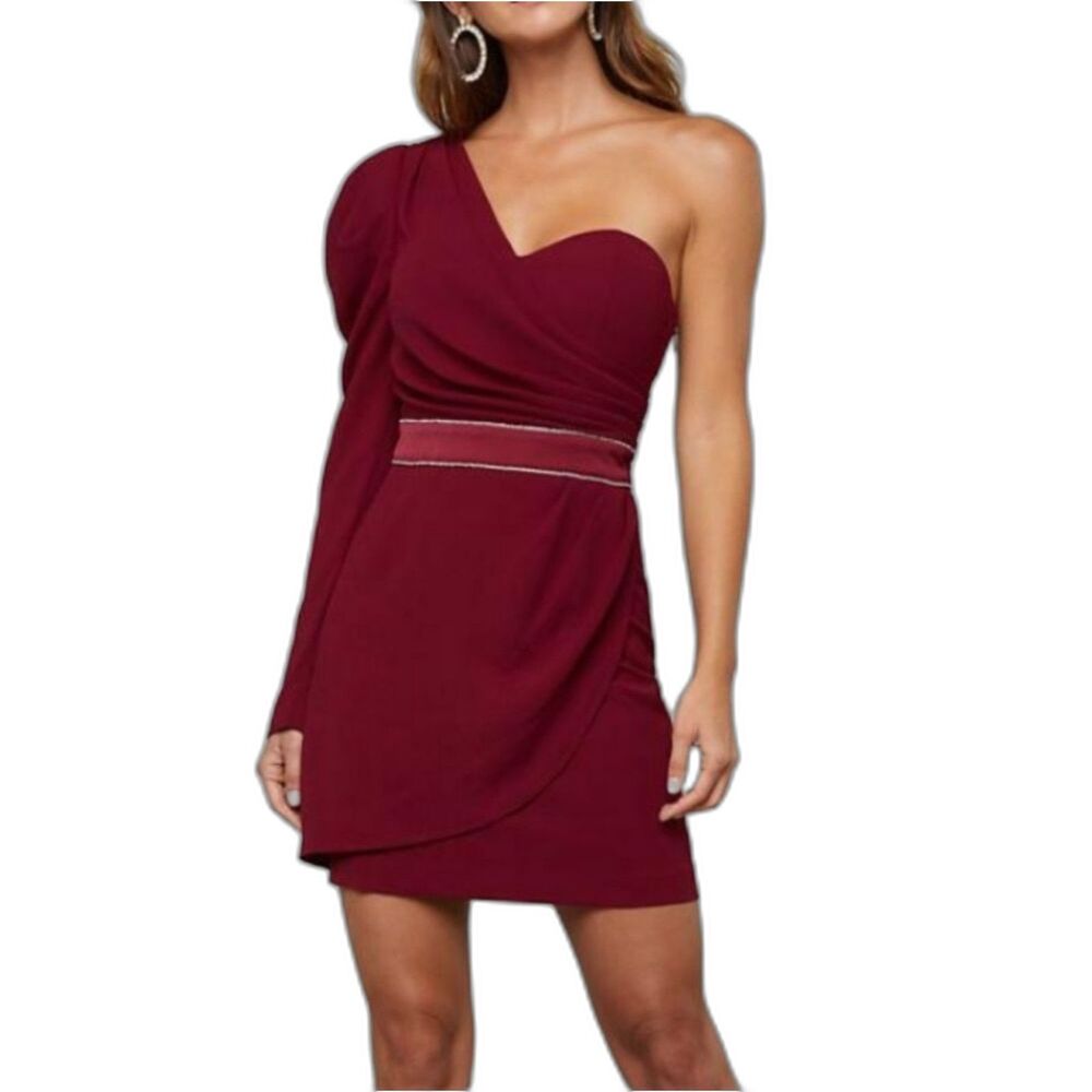 Bebe Embellished One Shoulder Cocktail Dress Burgundy - Size 8 (Tag Size 12) NWT